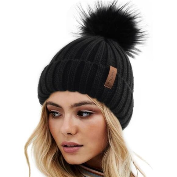 Women Winter Knitted Beanie Hat with Faux Fur Pom Warm Knit Skull Cap Beanie‎ - Picture 1 of 6
